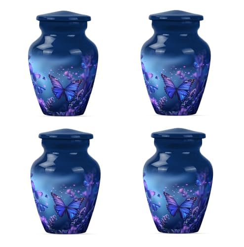 Image of Aluminum Butterfly Urn - Blue - Butterfly with Flowers Pattern - Keepsake 4pc Set - 3 Inch Capacity - Polished Finish - Decorative Urn for Adult Human Ashes