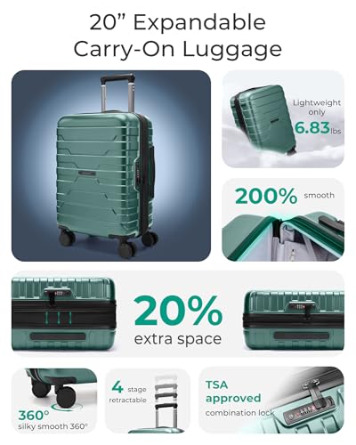 Image of BAGSMART Carry On Luggage 22x14x9 Airline Approved with Spinner Wheels,Lightweight Luggage with TSA Lock,Expandable Hard Shell Carry On Suitcases for Men Women, Pine Green, 20 Inch, Modern