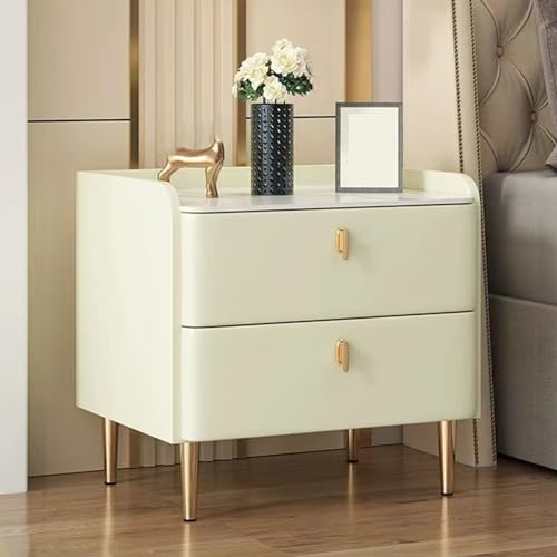 Table de Chevet en Bois Petit Espace avec Tiroirs Blanc Cassé et Piètement Métal