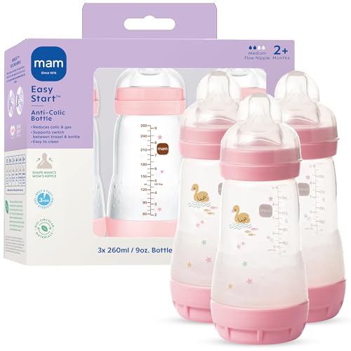 Image of MAM 9oz Easy Start Anti-Colic Wide Neck Vented Baby Bottle, Medium Flow Breastfeeding-Like Nipple, Reduces Colic Gas & Reflux, Easy to Clean, BPA Free, 2+ Months, Made in Europe, 3 Pack