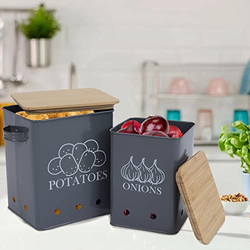 Image of Kitchen Vegetable Storage Tins Set of 2 for Potatoes, Onion, with wooden lid Garlic Bin Caddy, Long Shelf Life-Grey