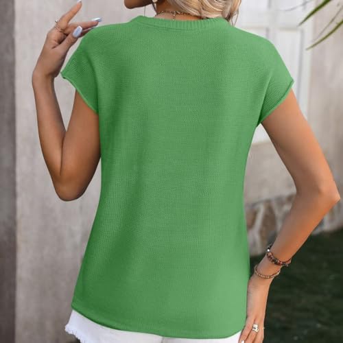 Image of Womens Lightweight Knit Top Cap Sleeve Crew Neck Shirt | Lightweight textured knit top with relaxed fit and cap sleeves, light colors may perspective