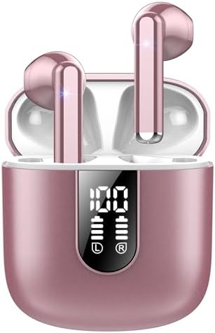 Jesebang Wireless Earbuds, 2024 Bluetooth 5.3 Headphones, Stereo Earphones with ENC Mic, Wireless Headphones in Ear Earbuds with Dual LED Display, 30H Playtime, Gym IP7 Waterproof, Rose Gold
