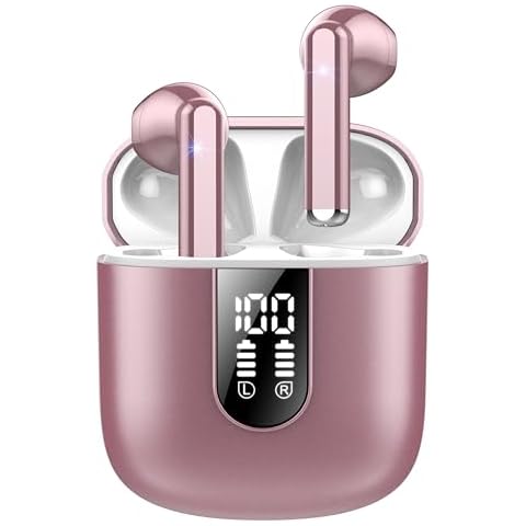 Wireless Earbuds, Bluetooth 5.4 Headphones HiFi Stereo, Bluetooth Earbuds with ENC Noise Cancelling Mic, 36H LED Display Ear Buds, IPX7 in Ear Earphones for Phone Tablet Laptop Sports, Rose Gold Cover