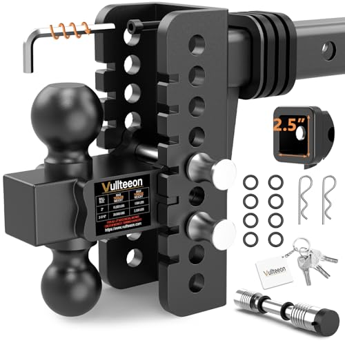 Vullteeon Adjustable Trailer Hitch Drop Hitch for 2.5 Inch Receiver Tow Hitch with 6 Inch Drop/Rise 2 & 2-5/16 Ball Hitches for Trucks 22 000 LBS GTW Trailer Hitches with Anti-Theft Pin
