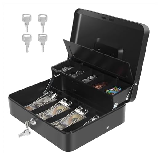 Cash Box with Money Tray and Lock, Metal Money Box for Cash Register, Large Cash Lock Box for Money Safe Includes 5 Slots Coin Tray with Cover, 4 Bill Slots, 4 Keys, 11.8" x 9.4" x 3.54" Black