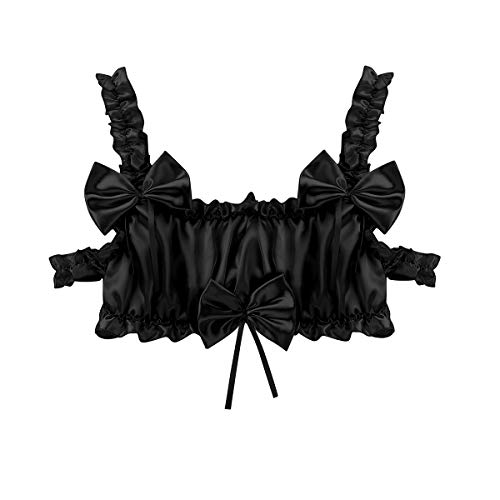 YiZYiF Adult Men's Shiny Satin Frilly Bralette Sissy Training Bra Crop Tops Lingerie Black Medium - Image 4