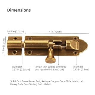 Runningfish Solid Cast Brass Barrel Bolt, Antique Brass Door Slide Latch Lock, Heavy Duty Gate Sliding Bolt Latch