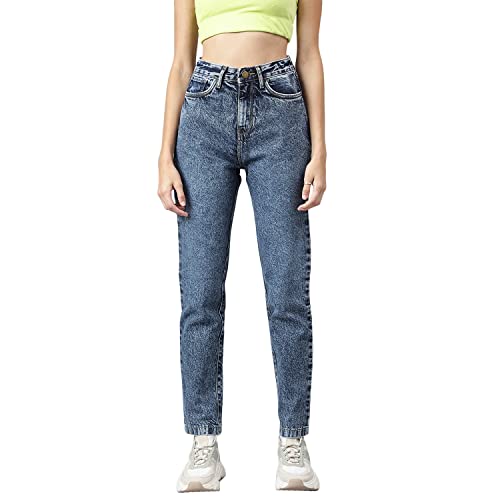 Image of Blue Dark wash 5-Pocket high-Rise Mom Fit Jeans, Clean Look, has a Button and Zip Closure,Non Stretchable and Waistband with Belt Loops