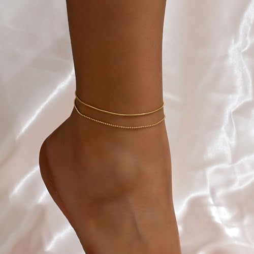 Image of Anklets for Women Dainty CZ Ankle Bracelet 18K Gold Plated Waterproof Boho Dot Star Moon Daisy Ocean Beaded Anklet Trendy Foot Jewelry