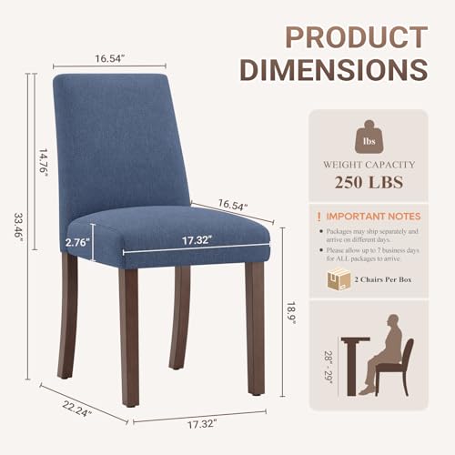 Image of Upholstered Dining Chairs Set of 4, Mid-Century Dining Room Chairs with Wooden Legs, Farmhouse Fabric Parsons Chairs for Small Space Restaurant & Cafe- Blue