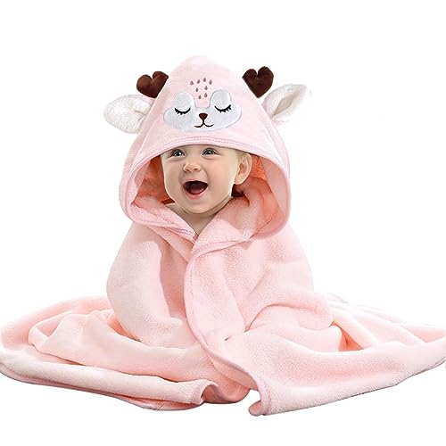 AUULA Hooded Baby Towel, Pool Baby Bath Towel with Hood, Baby Bath Towels Wrap, Blanket for Baby, Baby Beach Towel, Hooded Bath Towels for Boy and Girl, Newborn,31.5"×31.5" (Pink Deer)