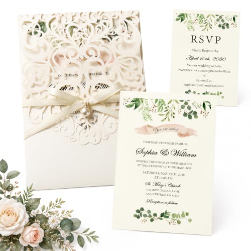 DreamBuilt 50 Laser Cut Personalized Wedding Invitations with RSVP White
