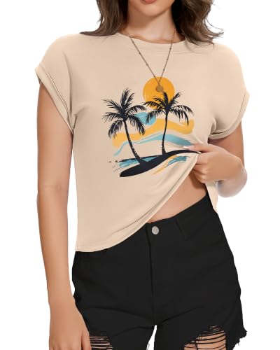 Image of Womens Crop Tops Summer Roll Cap Sleeve Cropped Tshirt Loose Fit Basic Tees