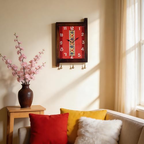 Image of AAKRITI ART CREATIONS Timeless Treasures Wall Clock Brown | Wall Clock for Home, Home Decoration | Floral Art Wall Hanging Wall Clock, Lightweight Teak Wood wall Decor | Glossy Finish