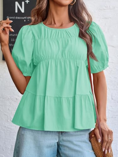Image of Tankaneo Womens Puff Sleeve Peplum Babydoll Tops Summer Flowy Pleated Cotton T-Shirts Casual Loose Fit Cute Blouse