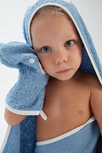 Classybaby - 100% Cotton Baby Towels And Washcloths - Animal Embroidered Hooded Towels Set; Kids Washcloths, Highly Absorbent Bathroom Towels, Lightweight Bath Towel And A Baby Bath Glove; Blue Bear #TOP5