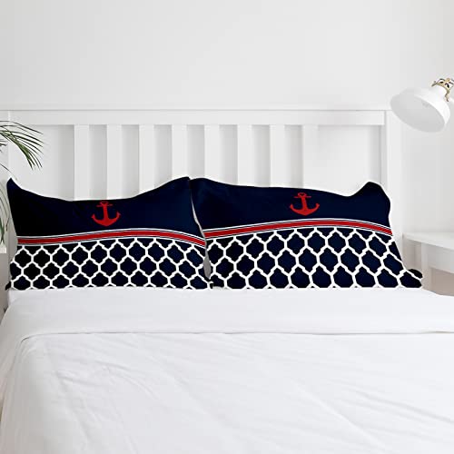 Ewdewwo Summer 4 Pieces Duvet Cover Bedding Set - 1 Duvet Cover + 1 Flat Sheet + 2 Pillow Shams, Navy Blue Stripe Anchor Moroccan Texture Comforter Cover Twin Size For Kids/Adults #TOP4