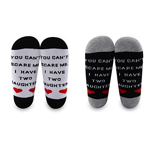 LEVLO Funny Dad Gift Father s Day Gifts You Can t Scare Me I Have One Two Three Daughters Cotton Socks Father Daughters Gift (2 Pairs Set - Two Daughter-Mid Calf - 2)