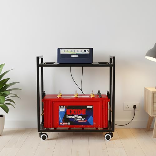 Image of D&V Engineering 2-Tier Metal UPS Inverter Stand with Rolling Caster Wheels | Heavy Duty Mobile Holder for Home, Office, Industrial Use | Max Load 150KG | Fits Single Battery