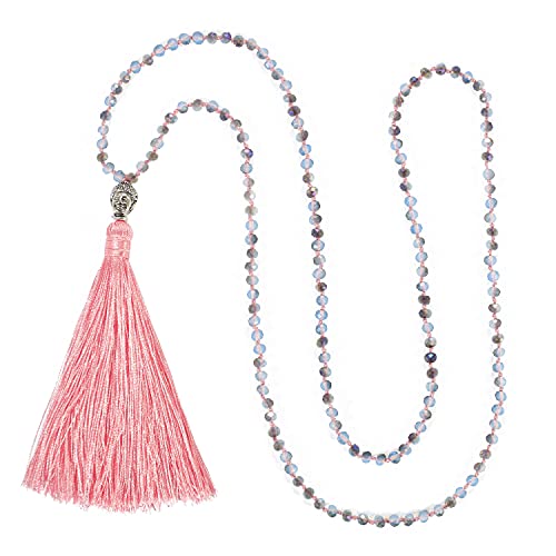 KELITCH Tassel Necklace Shiny Crystal Buddha Beads Charm Chain Statement Necklaces for Lucky Bohemian Pendant , Pink