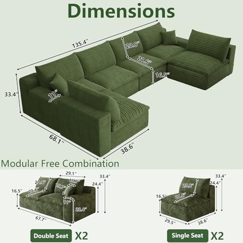 Image of 136 inch Cloud Couch Modular Sectional Sofa for Living Room, U-Shape Boneless Couch with Deep Seat, Modern Corduroy 6-Seater, No Assembly Required, Green