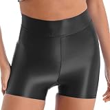 TTAO Damen kurz Shorts Glänzend Leggings Badehose Yoga Shorts Sommer Kurz Hosen ElastischBikini Minishorts Sport Fitness Outfits Schwarz L