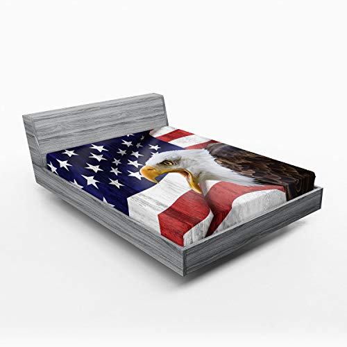 Ambesonne American Flag 2 Pack Fitted Sheet, Bald Eagle, Bed Cover All-Round Elastic Deep Pockets 2 Pieces, Package Contains 2 King Size Fitted Sheets, Vermilion Blue