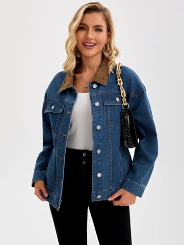 Women's Jean Jacket Button Down Corduroy Collar Long Sleeve Western Shacket Denim Jackets2