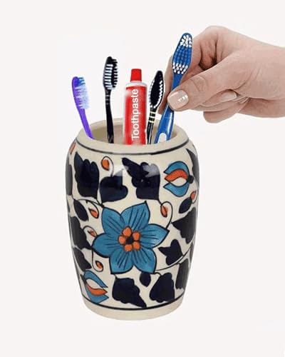 LOOKS FIRST Toothbrush Holder Stand for Home, Office, Bedroom, Washroom | Storage Organizer Stand for Pens, Stationery, Brush, Toothpaste | Designer Bathroom Accessory| | Floral Blue | - Image 2 thumbnail