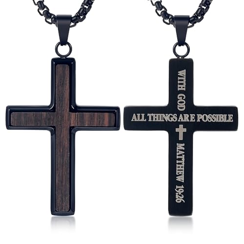 Bijou chrétien collier croix en bois homme pendentif chaîne acier noir réglable