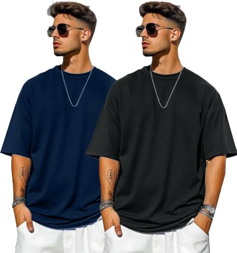 Image of Oversized Drop Shoulder Half Sleeves Round Neck Solid Pure 100% Cotton T-Shirt for Men Pack of 2