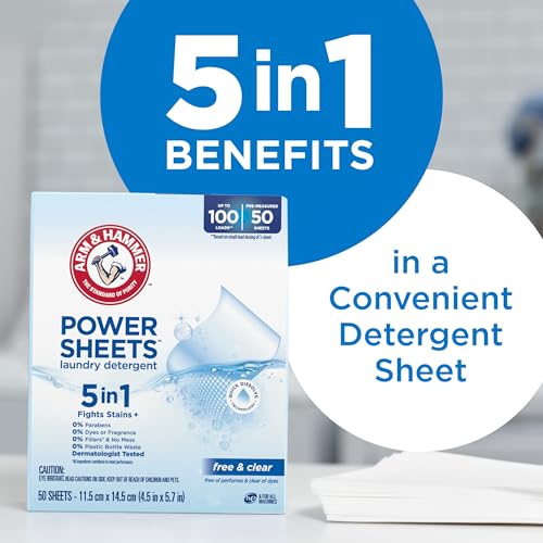 ARM & HAMMER 5in1 Power Sheets Laundry Detergent, Free & Clear, 50 Count, up to 100 Small Loads by Arm & Hammer - Image 2