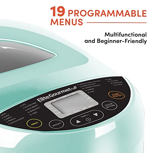 Elite Gourmet EBM8103M Programmable Bread Maker Machine 3 Loaf Sizes, 19 Menu Functions Gluten Free White Wheat Rye French and more, 2 Lbs, Mint image 4