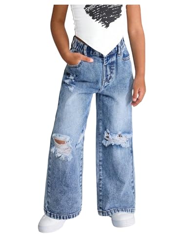 SHENHE Girl's Baggy Jeans Ripped Distressed Wide Leg Elastic Waist Kid Denim Pants with Pockets
