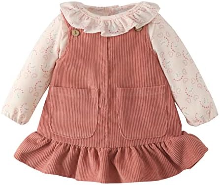 YENTAKE Newborn Baby Girl Dresses Clothes Long Sleeve Ruffle Romper Infant Suspender Skirt Set Baby Overall Fall Outfits (Pink, 0-3M)
