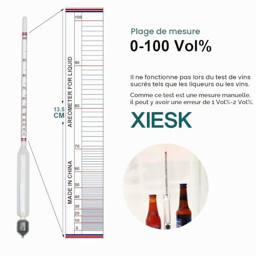 XIESK Alcoomètre Pèse-Alcool Densimètre 0-100 Vol% pour Alcool distillé et spiritueux Alcool et spiritueux Mode d’Emploi en français(sans thermomètre et Cylindre en Plastique) – vue 3