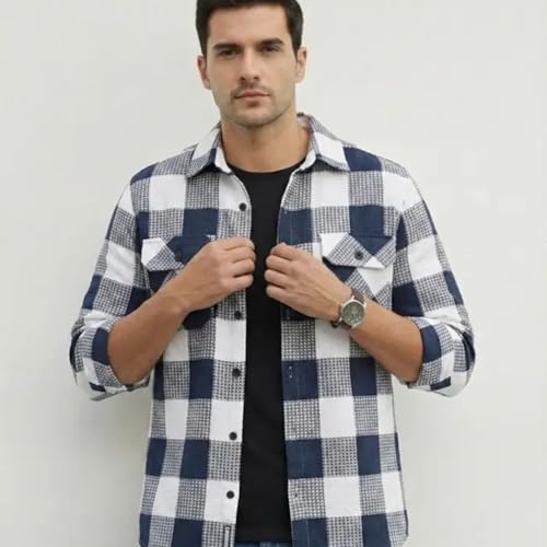 Image of MiraMichi Men's Pure Cotton Blue Checkered Full Sleeve Shirt - Regular Fit, Casual Wear, Comfortable and Stylish Design