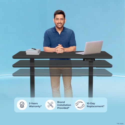 Image of The Sleep Company AeroPro Electric Height Adjustable Desk | Ergonomic WFH Table | 4 Memory Presets | Wireless Charging | 2 Yr Warranty | 1600x700 Top | Free Installation | Black & Black