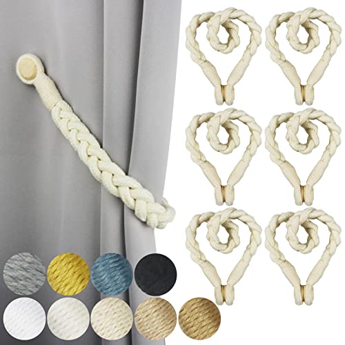 6 Pack Magnetic Soft Curtain Tiebacks Cotton Hand-Woven Tieback Holdback Home Decorative Tie Backs with Wooden Buckle for Home Office Decor (Beige, 6) Beige 6