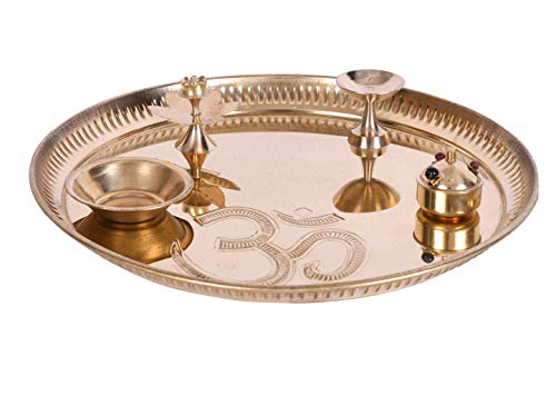 Image of JAIPUR ACE Beautiful Om Carving Pure Brass Pooja Thali with Accessories Set of 5 Pcs 100% Brass 11 Inch Diameter