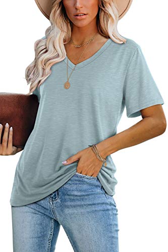 Womens Summer Tops Short Sleeve Loose Fit V-Neck T-Shirts Blue Xl #TOP1