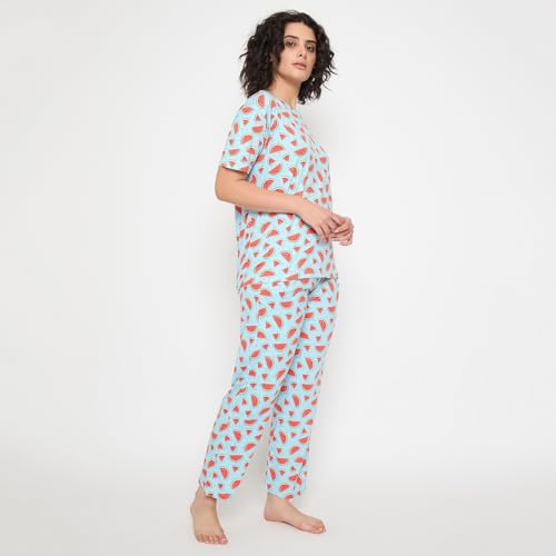 Image of CAMEY Women's Printed Pyjama Set, Short Sleeve T-Shirt and Trousers, Women Nightsuit, Loungewear Sets