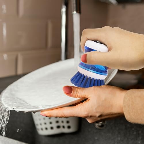 Image of Dish Scrubber with Soap Dispenser, 3 Pack Soap Dispensing Palm Brush for Kitchen Sink Pot Pan, Color Coded Dishwashing Scrub Brush Set (Gray, Blue, Orange), Non-Scratch Cleaning Tool