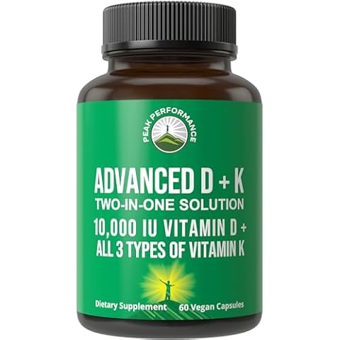 Peak Performance Advanced Vitamin D 10000 IU with All 3 Types of Vitamin K Capsules 10,000 IU Vitamin D3 and Vitamin K2, K1, MK-7 (MK7), MK4 Supplement. 60 Small and Easy to Swallow Pills Cover