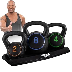 Miweba Sports Kettlebell | Hanteln Set – Gewichte 2 | 4 | 8 kg – Kettlebell Set – Hantel Set – Kettlebells – Fitness Zubehör inkl. Ablage – Krafttraining – Kugelhantel – Kugelgewicht – Schwunghanteln