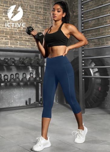 ICTIVE Women's Capris Yoga Pants with Pockets Crossover V Cross High Waisted Fitness Running Leggings Dark Blue L — view 6