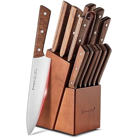 Emojoy Knife Set, 15-Piece Kitchen Knife Set with Block Wooden, Kitchen Knives Sharpener and Scissors German Stainless Steel (Brown) Cover