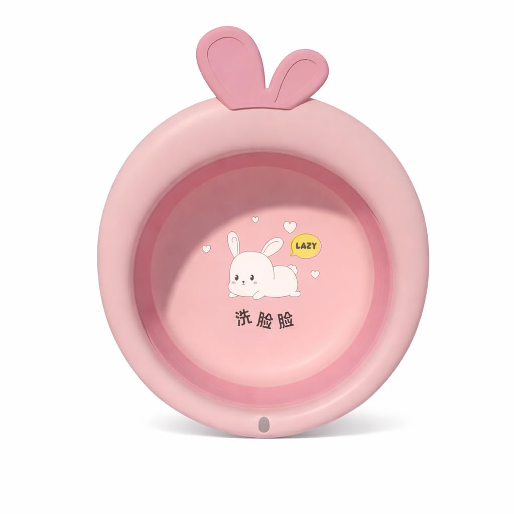 Collapsible Baby Wash Basin with Bunny Ears Handle – Foldable Silicone Wash Bowl for Kids, Infant Bath, Face & Foot Washing, Portable Travel Basin, Space Saving Design (Pink)-image-10
