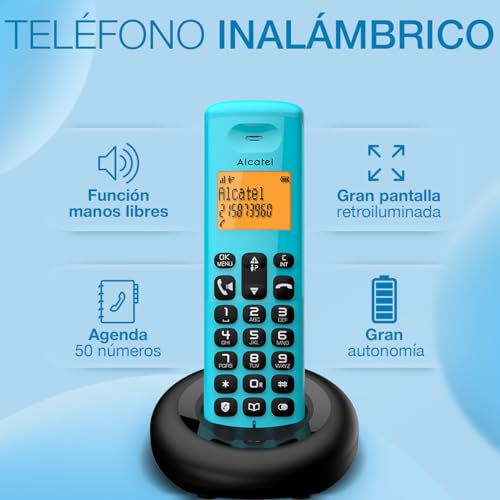 Teléfono inalámbrico DECT Alcatel E260 compacto con manos libres y pantalla, color azul 3